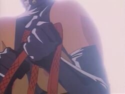 1990s_(style) 1girl animated anime_screenshot black_gloves black_hair black_thighhighs boots bouncing_breasts breasts breasts_out clothing_cutout dark-skinned_female dark_skin dolphin dominatrix elbow_gloves gloves golden_boy groin hayami_ayuko latex navel nipple_cutout nipples pool poolside retro_artstyle short_hair sound stomach tagme thigh_boots thighhighs thighs video water whip