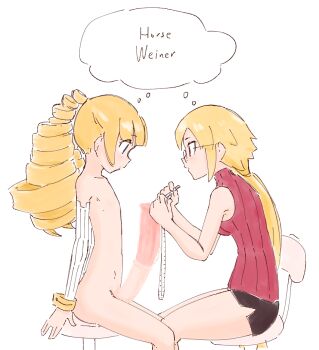 1futa 1girl age_difference animal_penis archer_(disgaea) bare_arms bare_shoulders black_skirt blue_eyes blunt_bangs breasts censored chair clothed_female_nude_female detached_sleeves disgaea drill_hair english_text erection expressionless feet_out_of_frame flat_chest from_side futa_with_female futanari glasses groin horse_penis huge_penis jaggy_lines liveactors long_sleeves looking_at_penis looking_down lowres measuring medium_breasts medium_hair miniskirt mosaic_censoring no_nipples nude penis ponytail professor_(disgaea) red_eyes red_sweater simple_background skirt sleeveless sleeveless_turtleneck speech_bubble sweater tape_measure tareme thought_bubble tsurime turtleneck turtleneck_sweater white_background white_sleeves wrist_cuffs yellow_wrist_cuffs