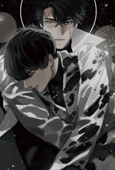 2boys arm_around_waist black_coat black_eyes black_hair black_shirt blackbox_(blackbox9158) closed_eyes coat cowboy_shot disintegration halo halo_behind_head head_down heterochromia highres kim_dokja male_focus multiple_boys omniscient_reader&#039;s_viewpoint open_clothes open_coat popped_collar scar scar_across_eye scar_on_face secretive_plotter serious shirt short_hair sky snowing star_(sky) starry_sky white_coat white_shirt yellow_eyes yoo_joonghyuk