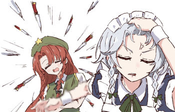 2girls anger_vein angry beret blush bow braid breasts closed_eyes collared_shirt commentary crossed_arms drooling facing_viewer green_bow green_hat green_vest grey_hair hair_bow hat hat_ornament highres hong_meiling izayoi_sakuya jujutsu_kaisen knife large_breasts long_hair maid maid_headdress mouth_drool multiple_girls naoya_hitting_choso_without_looking_(meme) open_mouth puffy_short_sleeves puffy_sleeves red_hair scene_reference shirt short_sleeves simple_background sleeping star_(symbol) star_hat_ornament touhou tsukira_kira twin_braids vest white_background white_shirt wrist_cuffs