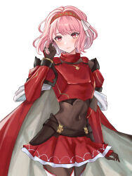 Rule 34 | 1girl, armor, breastplate, commentary request, covered navel, cowboy shot, fire emblem, fire emblem engage, grey background, hair ribbon, hairband, highres, lapis (fire emblem), looking at viewer, miniskirt, nintendo, pink eyes, pink hair, red hairband, red skirt, ribbon, short hair, shoulder armor, simple background, skirt, solo, standing, white ribbon, zqzbq