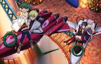 00s 2boys 2girls amusement_park boots brera_sterne christmas jpeg_artifacts macross macross_frontier multiple_boys multiple_girls ranka_lee saotome_alto sheryl_nome vf-25 vf-27