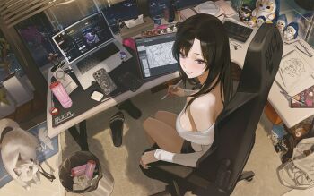 1girl animal artist_name artist_self-insert bag bare_shoulders black_hair black_shorts book breasts brown_bag cat cellphone chair commentary computer computer_mouse curtains desk doro_(nikke) drawing_tablet english_commentary figure from_above genshin_impact goddess_of_victory:_nikke handbag high_heels highres holding holding_pen indoors iphone lamp laptop large_breasts long_sleeves looking_at_viewer meme monster_energy night off-shoulder_shirt off_shoulder on_chair original paid_reward_available paper parted_lips pen phone plant potted_plant purple_eyes raiden_shogun rapi_(nikke) rucarachi rug sandals shirt shorts sitting sketchbook smartphone smile solo spy_x_family sticker stuffed_animal stuffed_toy swivel_chair tissue_box trash_can white_shirt window yor_briar zesty_sonic_(meme)