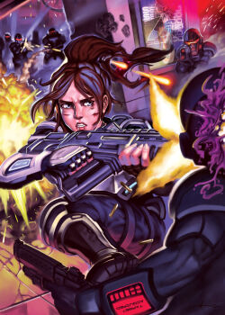 1girl absurdres arm_armor armor battle bigboyrobo black_boots blood blurry blurry_background boots brown_hair bullet_hole commentary cover cover_page cyberpunk dawn_(selaco) english_commentary english_text explosion faux_retro_artstyle fingerless_gloves fingernails fire foot_out_of_frame gloves grey_eyes guest_art gun handgun headshot highres holding holding_gun holding_weapon indoors kicking laser light_particles long_hair looking_at_another nose pants parted_lips ponytail projectile_trail purple_blood purple_pants scar scar_on_face scar_on_lip selaco shoulder_armor soldier solo_focus teeth weapon