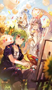 1girl 2boys ahoge androgynous annoyed apollo_(fate) apron artemis_(color_me_true)_(fate) artemis_(fate) asclepius_(color_me_true)_(fate) asclepius_(fate) basket black_jumpsuit blue_eyes blue_hair blue_skirt blue_sky blurry braid breasts brown_shirt canvas_(object) closed_mouth collarbone commentary crop_top crossdressing crossdressing_(mtf) crossed_bangs day depth_of_field easel fate/grand_order fate_(series) floating flower frilled_shirt frills gradient_hair green_eyes green_hair grey_hair hair_between_eyes hair_flower hair_ornament hair_over_shoulder high_ponytail holding holding_paint_palette holding_paintbrush holding_scissors holding_stuffed_toy jewelry jumpsuit long_hair looking_to_the_side looking_up multicolored_hair multiple_boys official_alternate_costume official_art open_jumpsuit open_mouth orange_eyes orion_(bear)_(fate) outdoors ozaki_domino paint paint_on_clothes paint_palette paint_splatter paint_splatter_on_face paintbrush painting_(action) paris_(color_me_true)_(fate) paris_(fate) parted_lips partially_unzipped pendant ponytail scissors shirt short_hair short_sleeves side_braid sidelocks single_braid sitting skirt sky smile stuffed_animal stuffed_toy sunflower sunlight teddy_bear teeth third-party_source too_many trap turtleneck turtleneck_shirt very_long_hair white_apron white_shirt