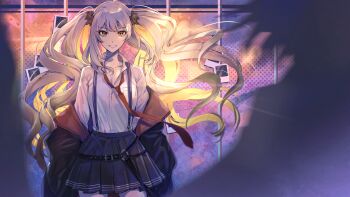 1girl absurdres black_jacket commentary_request fate/grand_order fate_(series) flower grey_hair hair_flower hair_ornament highres jacket long_hair marie_antoinette_(fate) marie_antoinette_alter_(fate) muneomon_(takomon) necktie photo_(object) pleated_skirt red_necktie shirt skirt suspender_skirt suspenders twintails white_shirt yellow_eyes