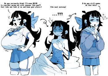 Rule 34 | ..., 1girl, ?, ??, ^^^, ahoge, arrow (symbol), before and after, black hair, blue bow, blue cardigan, blue skirt, blush, bow, breast reduction, breasts, cardigan, commentary, cropped legs, dizzyspells, double strap slip, earrings, english commentary, english text, fidgeting, flat chest, flying sweatdrops, furrowed brow, garter straps, hair bow, hair down, half-closed eyes, hand on own chest, hand on own hip, hands up, huge breasts, index fingers together, jewelry, limited palette, long hair, long sleeves, looking at viewer, loose clothes, miniskirt, mole, mole under eye, multiple views, nervous, on bed, open mouth, original, oversized clothes, ponytail, sailor collar, school uniform, short sleeves, skirt, smile, smug, strap slip, surprised, sweatdrop, thighhighs, waking up