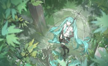1girl aqua_eyes aqua_hair aqua_necktie aqua_trim arm_tattoo black_skirt boots closed_mouth collared_shirt detached_sleeves hair_between_eyes hair_ornament hatsune_miku highres holding holding_umbrella hsyenemy leaf long_hair long_sleeves looking_up necktie number_tattoo pleated_skirt rain shirt skirt sleeveless sleeveless_shirt smile solo stairs stone_stairs tattoo thigh_boots transparent transparent_umbrella umbrella very_long_hair vocaloid white_shirt wide_sleeves