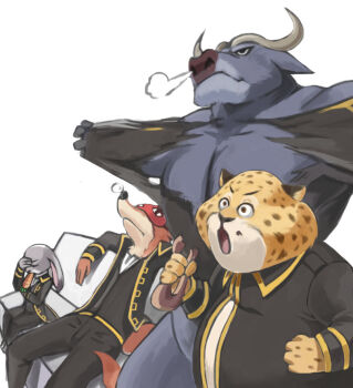 1girl 3boys :o alternate_costume animal bei_ju_luoxuan_wan benjamin_clawhauser black_jacket black_pants rabbit carrot chief_bogo clenched_hands closed_mouth cosplay disney donut facepalm food fox furry gaijin_4koma_(meme) gintama hand_on_own_face heavy_breathing hijikata_toushirou hijikata_toushirou_(cosplay) holding holding_food jacket judy_hopps kondou_isao kondou_isao_(cosplay) leaning_back long_sleeves meme mouth_hold multiple_boys nick_wilde okita_sougo okita_sougo_(cosplay) open_mouth pants shirt simple_background sitting sleep_mask torn_clothes torn_shirt white_background yamazaki_sagaru yamazaki_sagaru_(cosplay) zootopia