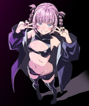 1girl bare_shoulders batta_16-sei black_boots black_coat black_nails black_shorts blue_eyes blunt_bangs blush boots braid braided_hair_rings breasts cleavage_cutout clothing_cutout coat commentary_request crop_top dark_background double_v from_above full_body grin hair_rings highres long_hair long_sleeves nanakusa_nazuna_(yofukashi_no_uta) navel open_clothes open_coat open_fly pink_hair short_shorts shorts small_breasts smile solo standing thigh_boots v yofukashi_no_uta