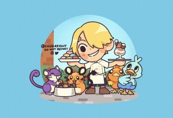 1boy blonde_hair blue_shorts brown_shoes chibi chibi_only chunafishy commentary crossover dedenne ducklett english_commentary food full_body gen_1_pokemon gen_5_pokemon gen_6_pokemon grin hair_over_one_eye highres holding holding_tray ice_cream macaron nintendo one_piece pokemon pokemon_(creature) rattata sanji_(one_piece) shirt shoes shorts smile sundae torchi tray twitter_username white_shirt