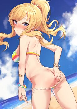 1girl absurdres anus ass bare_shoulders beach bead_bracelet beads bikini bikini_pull blonde_hair blue_eyes blush bracelet breasts clothes_pull commentary_request cowboy_shot from_behind hair_ornament heart heart_in_eye highres idolmaster idolmaster_cinderella_girls jewelry large_breasts long_hair looking_back mooning ocean ohtsuki_yui oops outdoors ponytail pussy pussy_peek smile solo standing striped_bikini striped_clothes swimsuit symbol_in_eye
