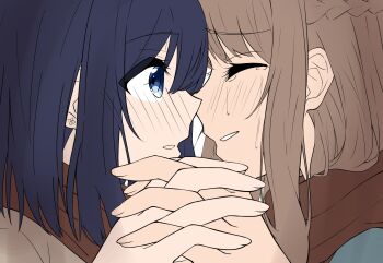 2girls blue_eyes blue_hair blush braid brown_scarf closed_eyes commentary_request half_up_braid highres holding_hands interlocked_fingers looking_at_another medium_hair melonpan134 miyagi_shiori multiple_girls parted_lips scarf sendai_hazuki shuuniichido_classmate_wo_kau_hanashi tears upper_body yuri