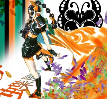 1girl black_boots black_gloves black_hair black_shirt black_skirt boots bow bowtie bug butterfly character_name choya_hanabi commentary_request crop_top earrings fingerless_gloves flower from_behind from_side full_body gloves hair_bow hair_flower hair_ornament highres insect jewelry kimono_on_shoulders legs_apart long_hair looking_at_viewer multi-tied_hair multicolored_hair multiple_hair_bows nail_polish orange_bow orange_bowtie petals ponytail puffy_short_sleeves puffy_sleeves red_hair red_nails red_streaks shirt short_sleeves skirt solo standing storyteller777 streaked_hair thigh_strap two-tone_hair virtual_youtuber vspo! yellow_eyes