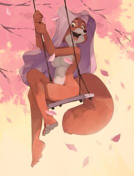 1girl absurdres breasts commentary convenient_censoring edtropolis english_commentary falling_petals fangs flower fox_girl fox_tail full_body furry furry_female highres looking_at_viewer maid_marian_(disney) navel nude on_swing open_mouth petals pink_flower pink_petals robin_hood_(disney_movie) signature solo swing tail veil
