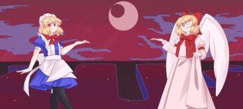 Rule 34 | 2girls, absurdres, angel wings, apron, blonde hair, blue dress, bow, cloud, dream world (touhou), dress, extra-love, feathered wings, gengetsu (touhou), hair bow, highres, lotus land story, maid, maid headdress, moon, mugetsu (touhou), multiple girls, red bow, red eyes, siblings, sisters, star (sky), touhou, touhou (pc-98), white wings, wings