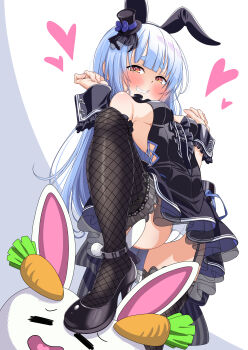 1girl absurdres animal_ears black_dress black_hat black_shoes blue_hair blush closed_mouth commentary_request dress fake_animal_ears fishnet_thighhighs fishnets hat heart high_heels highres hololive long_hair mini_hat one_side_up panties pekomon_(usada_pekora) rabbit_ears shoes smile solo stepped_on thighhighs underwear usada_pekora virtual_youtuber white_panties yellow_eyes yokojima_kemomi_mi_chuushin