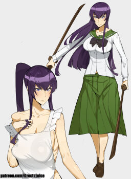 1girl apron artist_name bare_shoulders breasts busujima_saeko collarbone dr_octojuice hair_down highres highschool_of_the_dead large_breasts light_blush long_hair long_skirt naked_apron patreon_username ponytail purple_eyes purple_hair school_uniform simple_background skirt sword weapon wooden_sword
