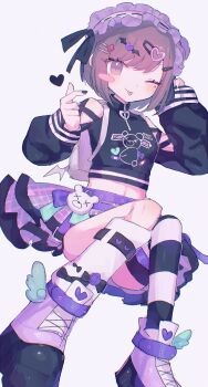 Rule 34 | 1girl, ;p, asymmetrical legwear, bat hair ornament, black jacket, black nails, black thighhighs, blush, blush stickers, boots, brown eyes, brown hair, closed mouth, commentary, crop top, cropped jacket, frilled hairband, frills, full body, hair ornament, hairband, hairclip, hands up, heart, heart hair ornament, highres, jacket, kneehighs, long sleeves, looking at viewer, midriff, mismatched legwear, nail polish, navel, negai wa itsuka asa wo koete (project sekai), official alternate costume, one eye closed, parallel hairclips, project sekai, purple boots, purple skirt, shinonome ena, short hair, simple background, single blush sticker, single kneehigh, single sock, single thighhigh, skirt, smile, socks, solo, striped clothes, striped thighhighs, sushiuma m, thighhighs, tongue, tongue out, uneven legwear, white background, white hairband, white socks, winged boots