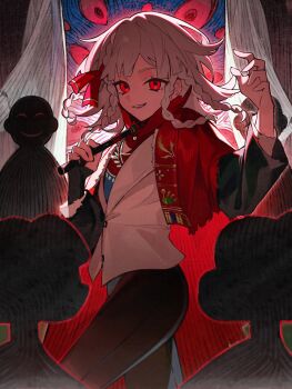 1girl 4others absurdres braid cloak fangs flute hair_ribbon highres holding holding_flute holding_instrument instrument looking_at_viewer medium_hair multiple_braids multiple_others quad_braids quanx70909457 red_cloak red_eyes red_ribbon reverse:1999 ribbon rubuska shaded_face smile vampire white_hair