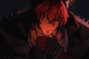 1boy animal_ears black_gloves black_hair black_jacket cigarette collarbone commentary dog_boy dog_ears english_commentary fingerless_gloves gloves glowing glowing_eyes holding holding_cigarette innaillus jacket jewelry komano_manato male_focus multicolored_hair necklace red_eyes red_hair shirt smoking white_shirt zenless_zone_zero