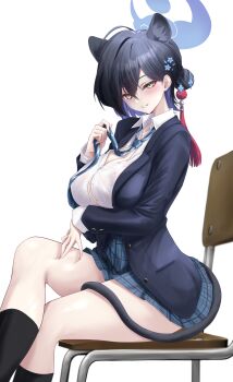 1girl absurdres animal_ears black_hair black_socks blazer blue_archive blue_jacket blue_necktie blush breasts button_gap chair cleavage crossed_legs deep_skin extra_ears feet_out_of_frame from_side green_skirt hair_bun halo highres jacket kaguya_(blue_archive) kneehighs large_breasts looking_at_viewer looking_to_the_side loose_necktie necktie no_bra noa_(skae3323) on_chair pleated_skirt shirt simple_background single_side_bun sitting skindentation skirt smile socks solo tail thick_thighs thigh_press thighs white_background white_shirt