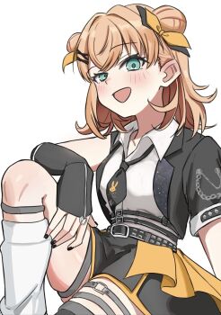 1girl aqua_eyes asymmetrical_legwear black_jacket black_necktie black_skirt black_thighhighs collared_shirt commentary double_bun hair_bun hair_ornament hairclip half-closed_eye highres hinoshita_kaho i_do_me!_(love_live!) jacket kneehighs link!_like!_love_live! looking_at_viewer love_live! medium_hair miniskirt mismatched_legwear multiple_thigh_straps necktie o-ring o-ring_thigh_strap official_alternate_costume open_clothes open_jacket open_mouth orange_hair pleated_skirt shirt short-sleeved_jacket short_necktie short_sleeves simple_background skirt socks solo thigh_strap thighhighs uneven_eyes uneven_legwear virtual_youtuber white_background white_shirt white_socks wotan_(wotandesu) x_hair_ornament