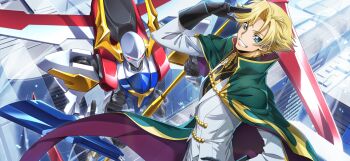 1boy arm_up artist_request black_gloves black_shirt blonde_hair blue_eyes cape city code_geass code_geass:_lost_stories double-sided_polearm from_side game_cg gino_weinberg gloves glowing glowing_eyes green_cape grin hair_intakes hand_on_own_hip happy high_collar highres holding holding_polearm holding_weapon jacket long_sleeves looking_at_viewer male_focus mecha military_uniform non-web_source official_art polearm red_eyes robot salute shirt short_hair sidelocks smile solo standing teeth tristan_(code_geass) two-finger_salute two-sided_cape two-sided_fabric upper_body weapon white_jacket