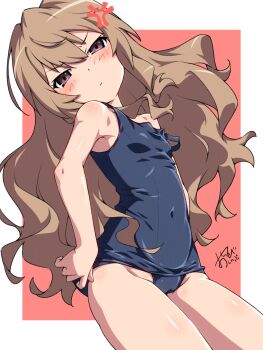 1girl aisaka_taiga anger_vein annoyed bare_arms bare_shoulders blush brown_hair closed_mouth commentary_request covered_navel frown highres loli looking_at_viewer old_school_swimsuit one-piece_swimsuit oshinobi_shinobu purple_eyes school_swimsuit solo swimsuit toradora! v-shaped_eyebrows