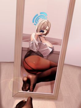 1girl absurdres alternate_costume alternate_hair_length alternate_hairstyle ass asuna_(blue_archive) black_bra black_pantyhose blue_archive blue_eyes blue_halo blush bra breasts camera_view commentary_request feet halo highres holding holding_phone huge_breasts light_brown_hair miisang47 mirror mirror_selfie mole mole_on_breast on_floor pantyhose phone reflection selfie short_hair sitting solo taking_picture thighs underwear