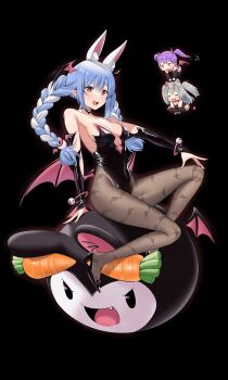 3girls alternate_ears animal_ear_fluff animal_ears animal_print bat_print blue_hair blush braid breasts bygin chibi eyeball_hair_ornament hair_ornament high_heels highres hololive leotard long_hair looking_at_viewer multicolored_hair multiple_girls open_mouth pantyhose pointy_ears print_pantyhose rabbit-shaped_pupils rabbit_ears rabbit_girl shishiro_botan short_eyebrows smile solo symbol-shaped_pupils thick_eyebrows tokoyami_towa twin_braids two-tone_hair usada_pekora virtual_youtuber white_hair