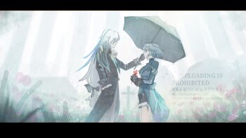 1boy 1girl ahoge black_coat black_shorts blue_hair blue_jacket coat cross flower from_side furina_(genshin_impact) genshin_impact grave highres holding holding_flower holding_umbrella jacket long_hair long_sleeves looking_at_another m_u_s_i_n multicolored_hair neuvillette_(genshin_impact) rain shielding_another_from_rain short_hair shorts streaked_hair umbrella watermark white_hair