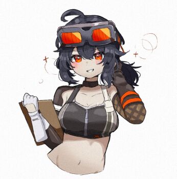 1girl ahoge asymmetrical_gloves bare_shoulders black_hair black_sports_bra blush breasts cleavage clothing_cutout collarbone commentary_request cropped_torso fan_request fishnet_gloves fishnets glove_cutout gloves goggles goggles_on_head grace_howard grin hair_between_eyes hand_up holding holding_notepad large_breasts looking_at_viewer midriff mismatched_gloves navel notepad pepa_xgame red_eyes simple_background smile solo sports_bra upper_body white_background white_gloves zenless_zone_zero zipper_top