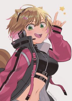 1girl absurdres ayunda_risu ayunda_risu_(cyberpunk) black_shirt blush breasts colored_tips commentary cropped_shirt english_commentary grey_jacket headset highres hololive hololive_indonesia jacket kyoraku_(weng3133) looking_at_viewer medium_breasts midriff multicolored_hair multicolored_jacket navel official_alternate_costume open_mouth pink_hair pink_jacket shirt short_hair signature simple_background smile solo twitter_username two-tone_jacket upper_body virtual_youtuber white_background