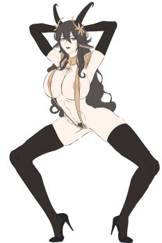 absurdres animal_ears arknights arms_behind_head bare_shoulders black_hair bowlegged_pose cas/kas grey_lips highres hildegard_grimmachte_(arknights) horns long_hair pubic_hair purple_eyes sheep_ears sheep_girl sheep_horns
