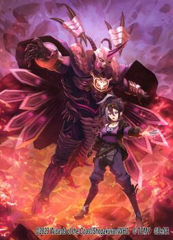 Rule 34 | 1girl, 2023, armband, belt, black choker, black gloves, black hair, black jacket, boots, choker, copyright notice, duel masters, duel masters play's, earrings, eyewear on head, gloves, grey hair, hair between eyes, highres, jacket, jewelry, kyouka (duel masters play's), mask, miyamoto satoru, monster, multicolored hair, necklace, official art, open clothes, open jacket, open mouth, pants, purple eyes, purple tank top, skull mask, tank top, teeth, trading card, upper teeth only