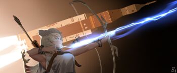 1girl ancient_greek_clothes animal_scarf arrow_(projectile) artemis_(fate) artemis_program bare_shoulders blue_eyes bow_(weapon) bracelet character_signature colored_tips commentary cropped english_commentary fate/grand_order fate_(series) firing greco-roman_clothes highres holding holding_bow_(weapon) holding_weapon jewelry launch_vehicle long_hair looking_up multicolored_hair necklace parted_lips peplos pzkpfwi quiver red_hair rocket upper_body weapon white_hair