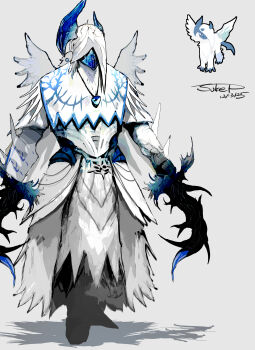 Rule 34 | absol, absurdres, armor, commentary request, dated, dual wielding, gen 3 pokemon, grey background, helmet, highres, holding, mega absol, mega pokemon, nintendo, personification, pokemon, pokemon (creature), reference inset, shadow, signature, sukepmonster, wings