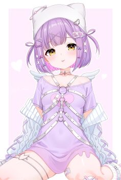 1girl :p absurdres bandaid bandaid_on_knee bandaid_on_leg blunt_bangs blush bow cardigan choker closed_mouth commentary_request hat highres looking_at_viewer off_shoulder open_cardigan open_clothes outside_border pink_background purple_hair purple_shirt shinomiya_runa shirt short_hair short_sleeves simple_background sitting solo toketa-sekai tongue tongue_out virtual_youtuber vspo! wariza white_bow white_cardigan white_choker white_hat