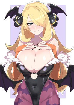 1girl absurdres animal_print bat_print bat_wings black_leotard black_nails blonde_hair blush breasts bridal_gauntlets cleavage clothing_cutout commentary_request commission cosplay covered_navel cowboy_shot cynthia_(pokemon) darkstalkers fur_trim grey_eyes hair_ornament hair_over_one_eye hands_on_own_chest head_wings heart_cutout highleg highleg_leotard highres leotard long_hair low_wings morrigan_aensland morrigan_aensland_(cosplay) nail_polish nintendo orange_bridal_gauntlets pantyhose pikumin64 pokemon pokemon_dppt purple_pantyhose simple_background skeb_commission solo sweat wings