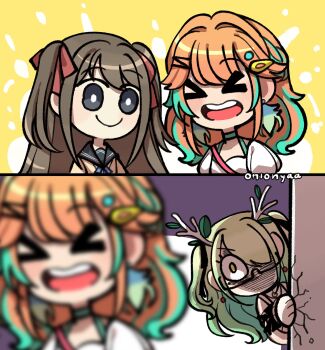 Rule 34 | > <, 2koma, 3girls, antlers, bow, branch, brown hair, cardigan, ceres fauna, comic, earrings, feather earrings, feathers, glasses, gradient hair, green hair, highres, hololive, hololive english, horns, indie virtual youtuber, jealous, jewelry, long hair, multicolored hair, multiple girls, neuro-sama, onionyaa, open mouth, sailor collar, school uniform, serafuku, smile, takanashi kiara, takanashi kiara (casual), two side up, virtual youtuber, yellow eyes