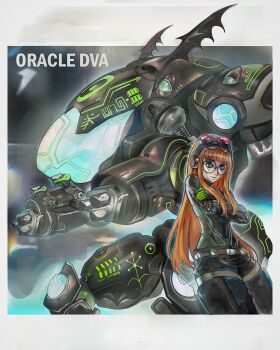 1girl adapted_costume black-framed_eyewear black_pants chapinor crossed_arms goggles goggles_on_head green_shirt hashtag-only_commentary highres long_hair meka_(overwatch) necromon necronomicon_(persona_5) oracle_(persona_5) orange_hair overwatch pants persona persona_5 sakura_futaba shirt