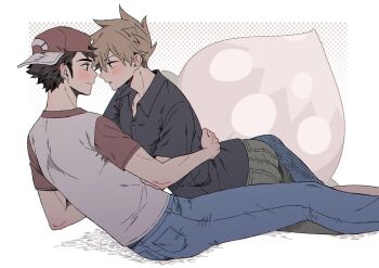 Rule 34 | 2boys, arm around waist, backwards hat, baseball cap, ben-day dots, black shirt, blue oak, blue pants, brown eyes, brown hair, closed mouth, collared shirt, crew neck, denim, eye contact, feet out of frame, grey pants, hat, highres, jeans, looking at another, male focus, multicolored hair, multiple boys, nintendo, open collar, open mouth, pants, parted bangs, pk rgr96, pokemon, pokemon sm, red (pokemon), red hat, screentones, shirt, short hair, short sleeves, sideburns, smile, spiked hair, t-shirt, two-tone hair, two-tone shirt, wing collar, yaoi