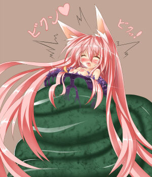 1girl animal_ears bad_id bad_pixiv_id blush breasts breath closed_eyes female_focus fox_ears heart highres long_hair nagai_wataru nipples open_mouth orgasm original pink_hair saliva simple_background slime solo source_request topless_female very_long_hair vore wince