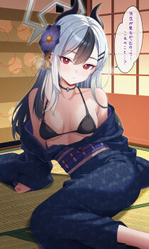 1girl absurdres bikini black_bikini black_choker black_hair black_horns black_kimono blue_archive choker collarbone commentary_request demon_horns ear_piercing earclip flower grey_halo hair_flower hair_ornament halo highres horns indoors japanese_clothes karaage_(xxxmido02) kayoko_(blue_archive) kayoko_(new_year)_(blue_archive) kimono long_hair looking_at_viewer mole mole_on_collarbone obi off_shoulder official_alternate_costume piercing sash solo swimsuit tatami translation_request white_hair