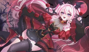 Rule 34 | 1girl, absurdres, aki hoshino, black nails, black thighhighs, black wings, breasts, commentary, english commentary, flower, frilled thighhighs, frills, head wings, highres, indie virtual youtuber, long hair, moon, multicolored hair, nyxie sinclair, orange flower, orange rose, pink hair, red flower, red moon, red rose, rose, signature, single thighhigh, solo, streaked hair, thighhighs, virtual youtuber, white hair, wings