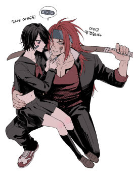 Rule 34 | 1boy, 1girl, abarai renji, amugonagurim, arm around waist, bandaid, bandaid on cheek, bandaid on face, black hair, black jacket, black pants, black sailor collar, black serafuku, black shirt, black skirt, black socks, bleach, brown shirt, brown shoes, bruise, bruise on face, chest tattoo, commentary request, couple, crop top, delinquent, gakuran, grey eyes, grey headband, hair over one eye, headband, hetero, highres, holding, holding bandaid, injury, jacket, korean commentary, korean text, kuchiki rukia, loafers, long hair, long sleeves, midriff, navel, necktie, official alternate costume, over shoulder, pants, parted lips, pectorals, pleated skirt, red hair, red necktie, sailor collar, school uniform, serafuku, shirt, shoes, short hair, skirt, sneakers, socks, tattoo, v-neck, weapon, weapon over shoulder, white background