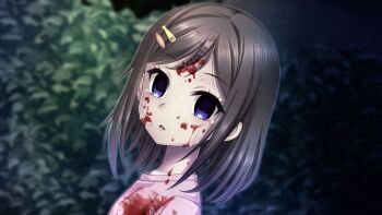 1girl black_hair blood creepy crying empty_eyes eyebrows female_focus grand_guignol_no_yoru hair_ornament hairclip looking_at_viewer night open_mouth outdoors short_hair solo tears tinkerbell