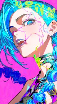1girl absurdres arcane:_league_of_legends blue_eyes blue_hair braid colorful facial_mark highres jinx_(league_of_legends) league_of_legends long_hair looking_at_viewer open_mouth portrait shi_gure solo star_(symbol) star_facial_mark