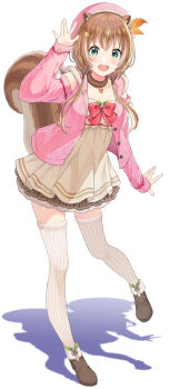 Rule 34 | 1girl, :d, acorn pendant, animal ears, ayunda risu, ayunda risu (1st costume), beret, boots, brown boots, brown choker, brown hair, cable knit, cardigan, choker, clothing cutout, commentary, dress, empire waist, fold-over boots, full body, fur-trimmed thighhighs, fur choker, fur trim, green eyes, hair ornament, hair over shoulder, hairclip, hand up, hat, highres, hololive, hololive indonesia, hood, hooded cardigan, leaf hair ornament, long hair, looking at viewer, low twintails, multicolored hair, official artist extra, open mouth, pink cardigan, pink hat, ribbed thighhighs, shadow, short dress, shoulder cutout, simple background, smile, solo, squirrel ears, squirrel girl, squirrel tail, streaked hair, tail, thighhighs, twintails, virtual youtuber, white background, white dress, white streaks, white thighhighs, yatomi